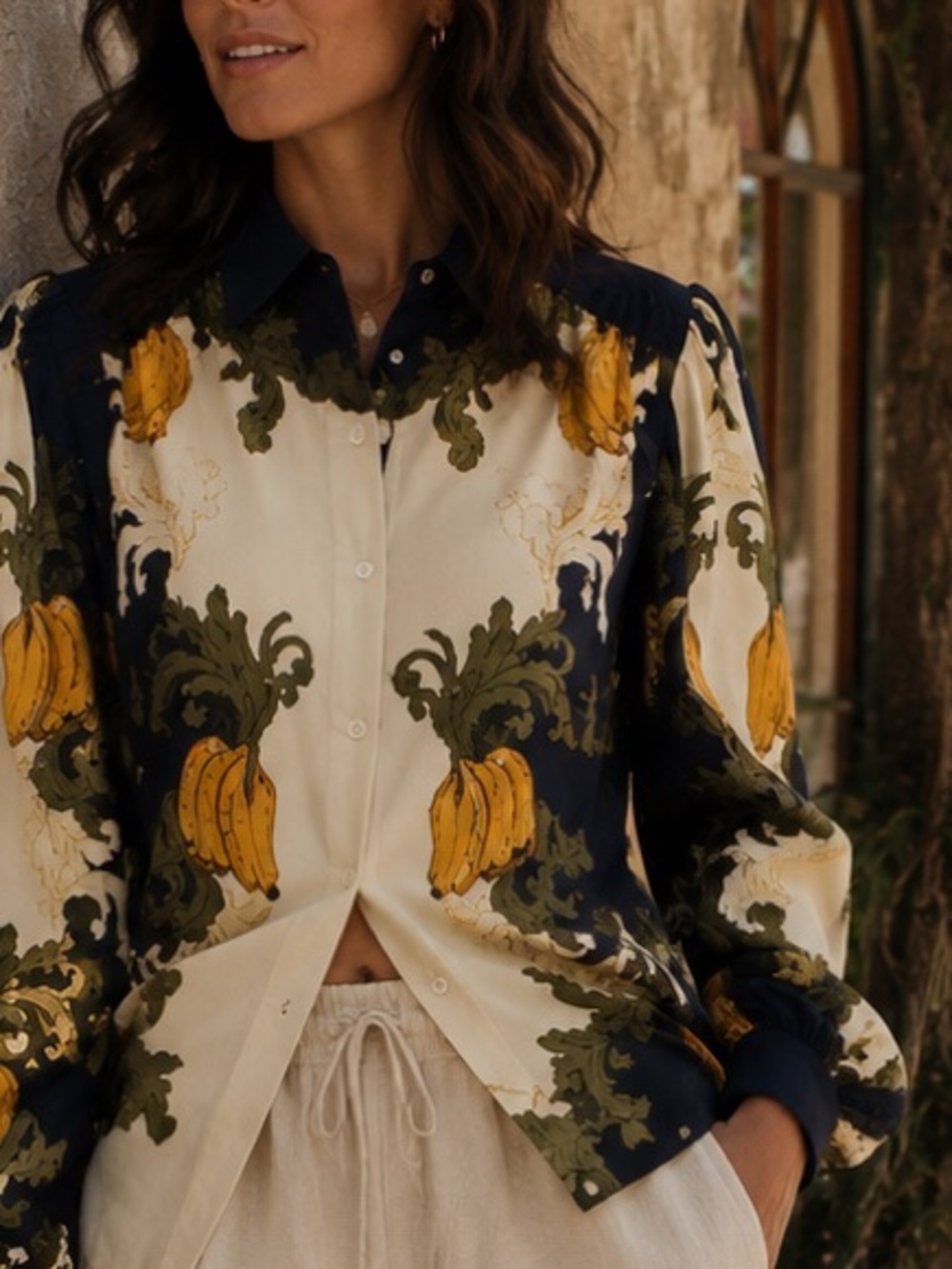 Farm Rio x Anthropologie Puff-Sleeve Printed Buttondown Blouse -SMALL